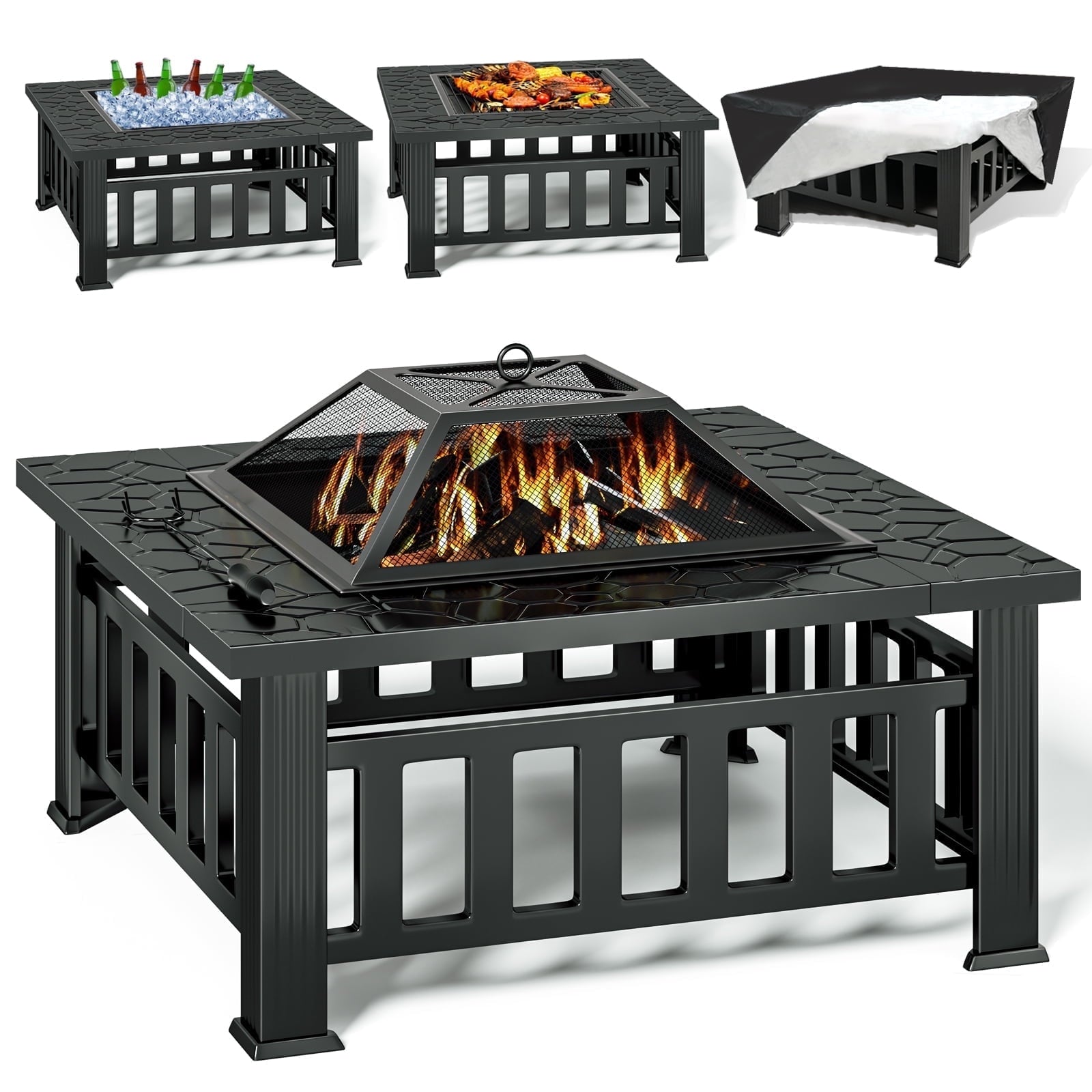 KingChii 32" Fire Pit Table Wood Burning Square Metal Firepit for Outdoor, Patio Backyard BBQ with Mesh Lid, Poker and Cover, Black - Home OXO