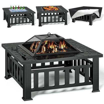 KingChii 32" Fire Pit Table Wood Burning Square Metal Firepit for Outdoor, Patio Backyard BBQ with Mesh Lid, Poker and Cover, Black - Home OXO