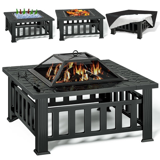 KingChii 32" Fire Pit Table Wood Burning Square Metal Firepit for Outdoor, Patio Backyard BBQ with Mesh Lid, Poker and Cover, Black - Home OXO