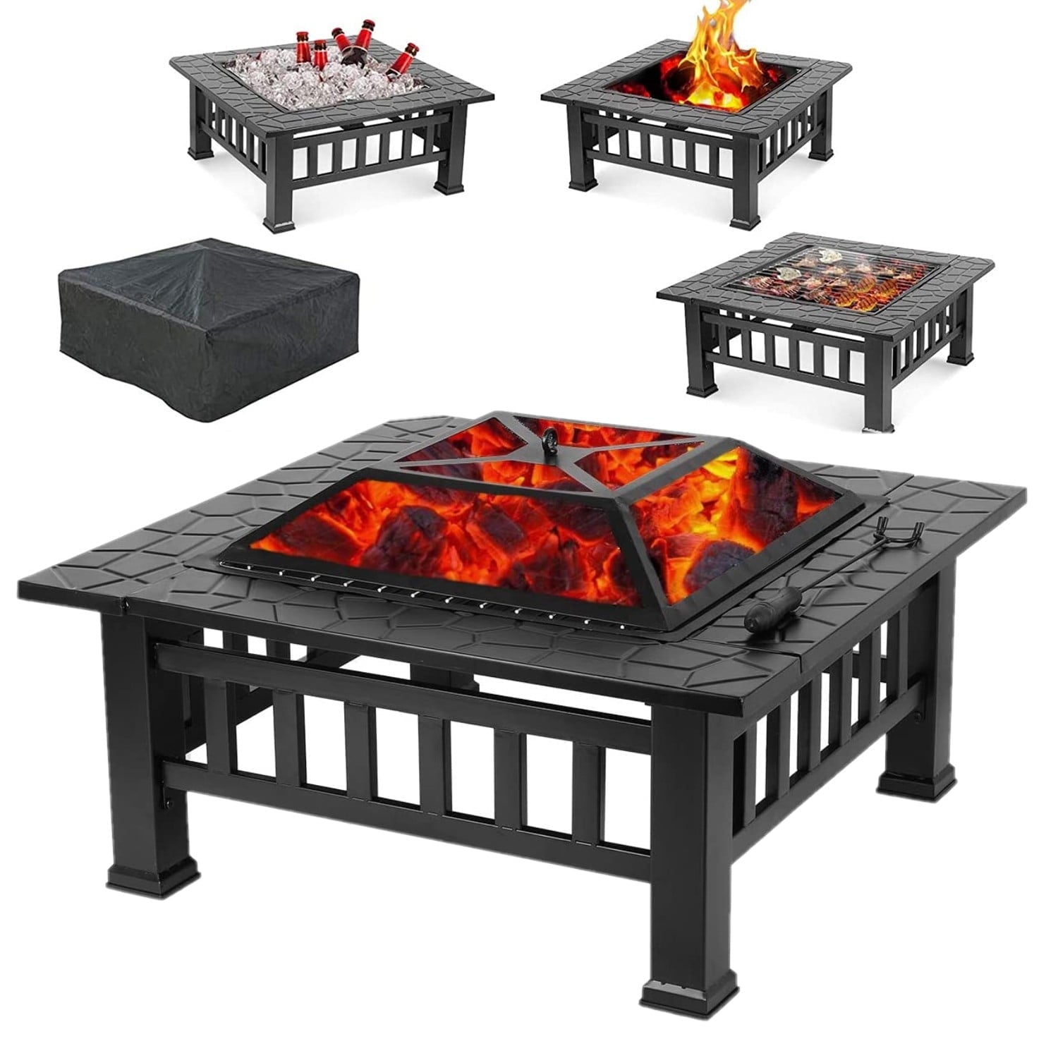 LAZY BUDDY Steel Fire Pits for Outside, 32'' Square Wood Burning Firepit Table with Mesh Lid, BBQ Net, Poker, and Cover for Outdoor Patio Backyard Bonfire Party - Home OXO