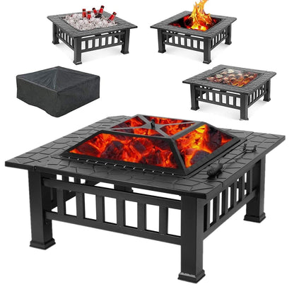 LAZY BUDDY Steel Fire Pits for Outside, 32'' Square Wood Burning Firepit Table with Mesh Lid, BBQ Net, Poker, and Cover for Outdoor Patio Backyard Bonfire Party - Home OXO