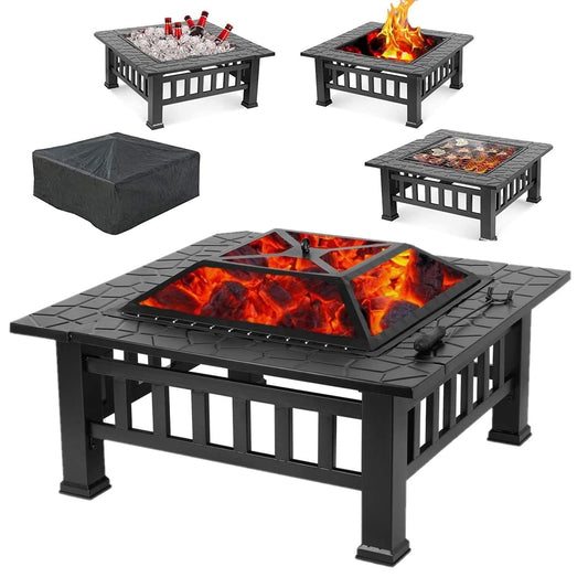 LAZY BUDDY Steel Fire Pits for Outside, 32'' Square Wood Burning Firepit Table with Mesh Lid, BBQ Net, Poker, and Cover for Outdoor Patio Backyard Bonfire Party - Home OXO