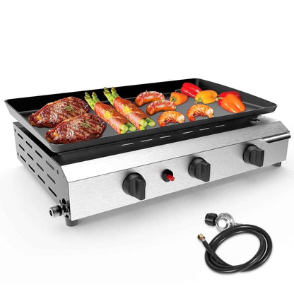 Frizi 30,000 BTU 3-Burner Flat Top Portable Propane Gas Grill with Auto Ignition, Stainless Steel Tabletop Griddle for Camping, BBQ, and Outdoor Cooking
