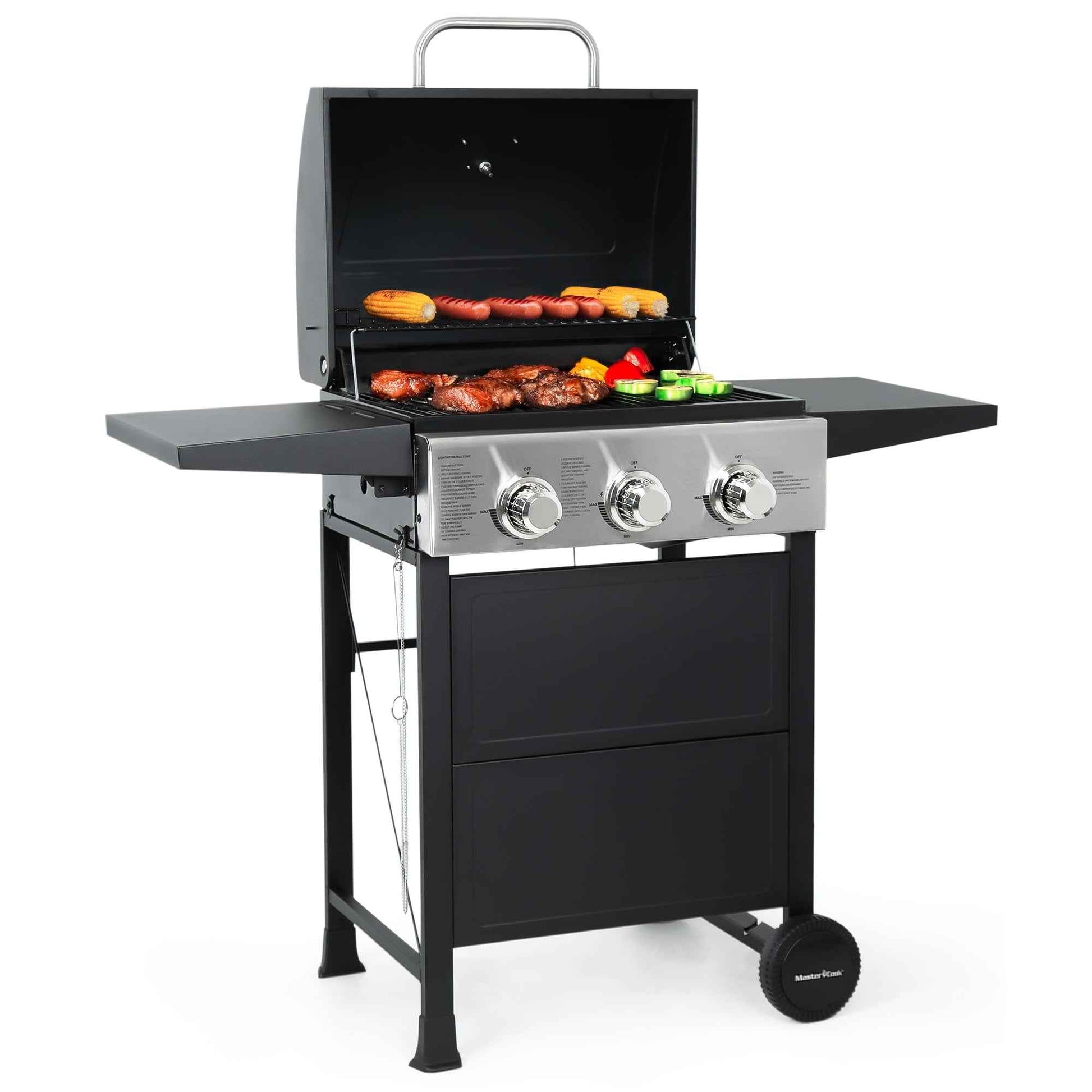MASTER COOK 3 Burner BBQ Propane Grill, 30,000 BTU Patio Garden Barbecue Gas Grill with Two Foldable Shelves