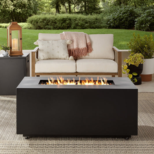 Mainstays 42" Rectangle Black Finish Modern Steel Fire Pit: 42" x 20" 50000 BTU Propane Fire Pit Table with Lid, Tank Hideaway and Cover - Home OXO