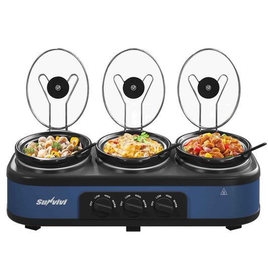May in Color Triple Slow Cooker Food Warmer, 3 Removable Ceramic Pots (2.5 QT Each), Adjustable Temp & Stainless Steel Lids, Blue