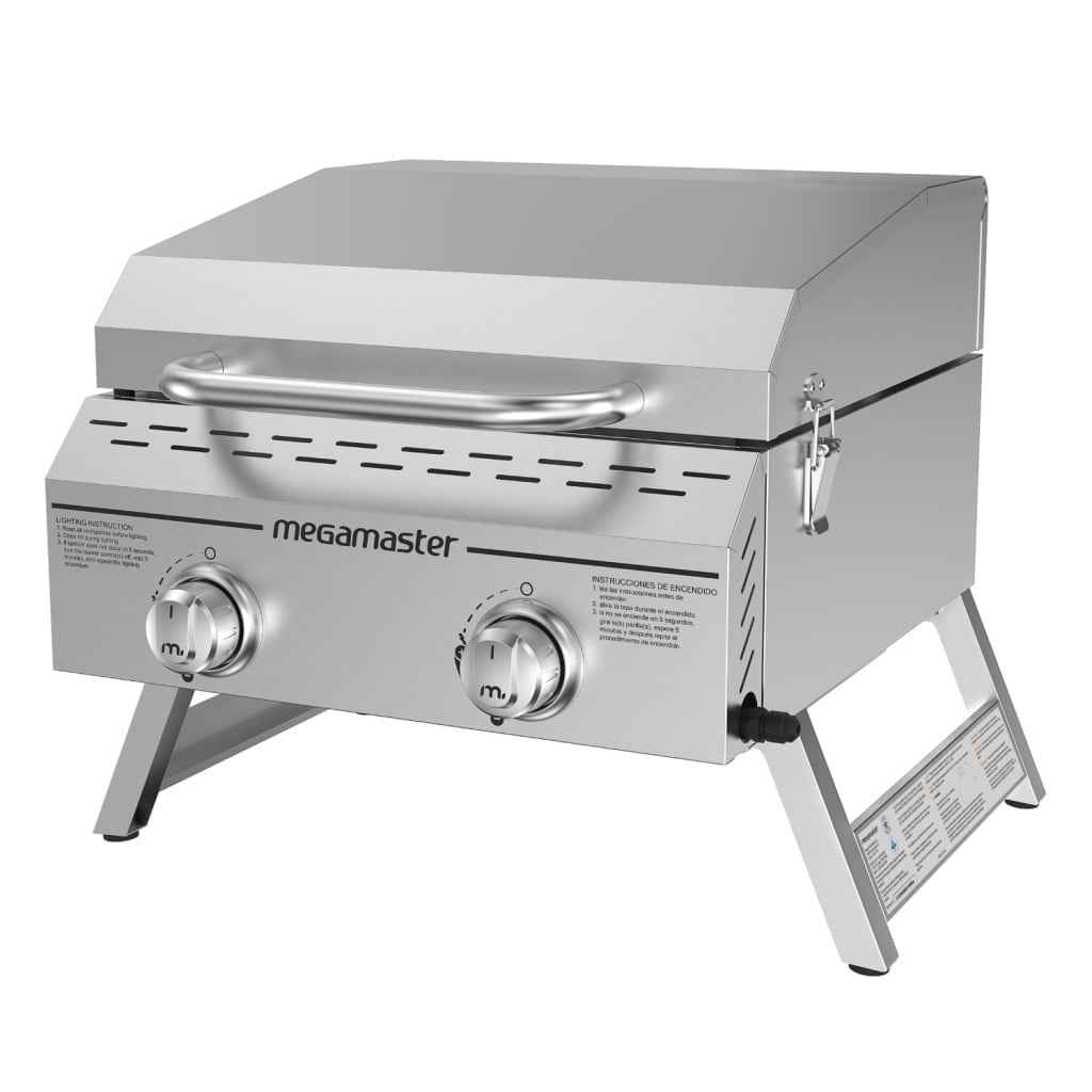 Megamaster 2-Burner Stainless Steel Portable Gas Grill with Built-In Lid, 16,000 BTUs, Foldable Legs, Small Propane Grill for Outdoor Cooking, Camping, BBQs, Patios, Tabletop, and Gardens - 820-0033M