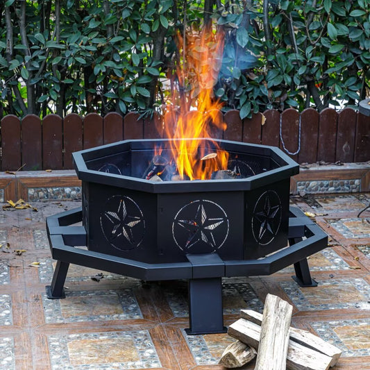 MistMo Octagon Wood Fire Pit, 35" Metal Outdoor Firepit for Patio Party Black - Home OXO
