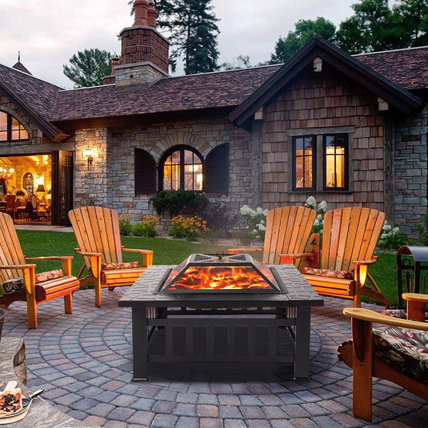 Multifunctional Fire Pit Table, 32'' Fireplace Heater/Ice Pit, Square Metal Fire Pit Stove with Screen Lid and Log Poker for Backyard Garden Camping Picnic Bonfire