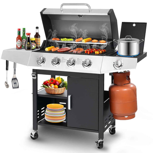 Seizeen 4-Burner Stainless Steel Gas Grill with Side Burner, 46,790 BTU, Enameled Cast Iron Grate, Outdoor BBQ