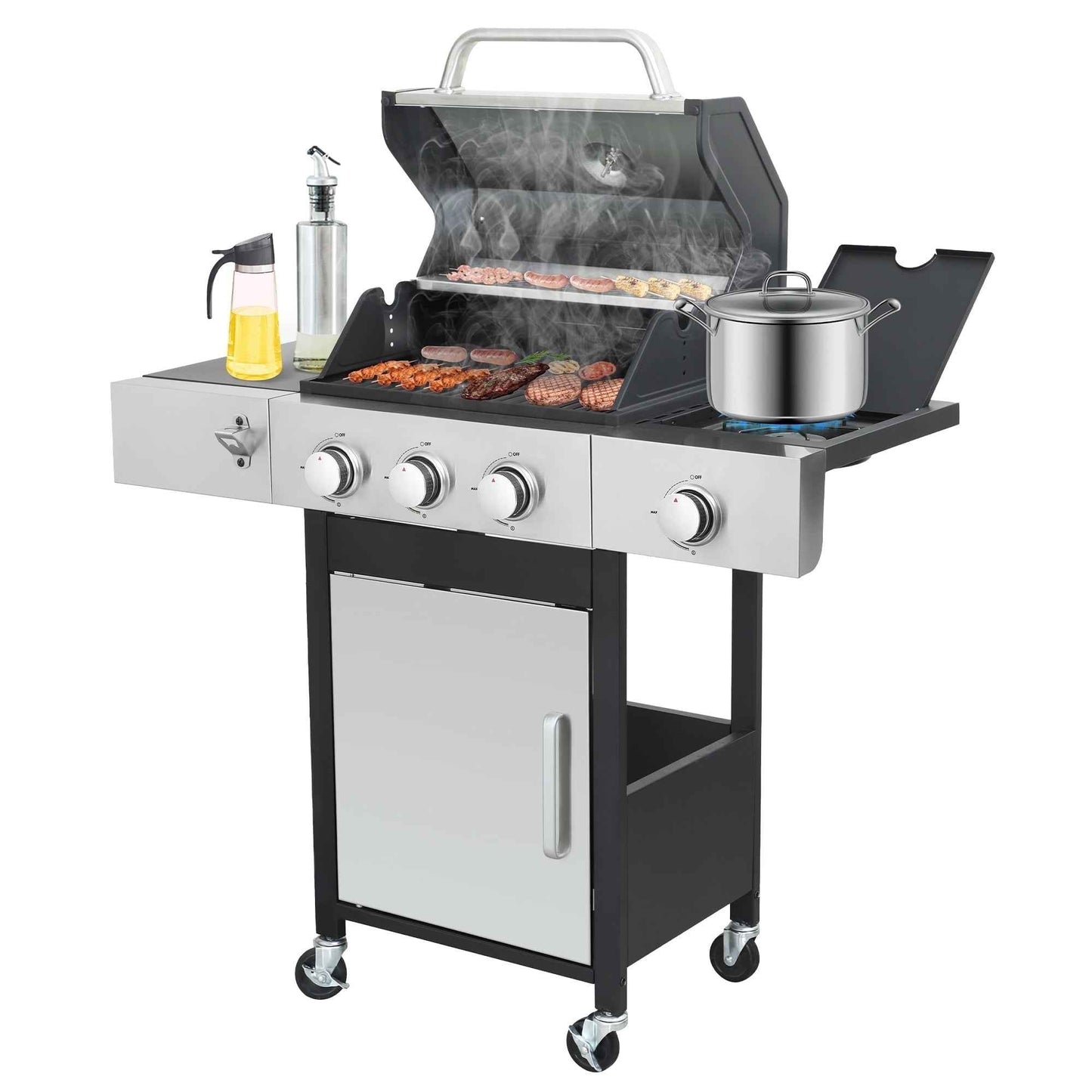 Nice Cooker 3-Burner Propane Gas Grill with Side Burner, 37000 BTU Outdoor BBQ Grill with Porcelain-Enameled Cast Iron Grates, Double Layer Lid, Built-in Thermometer Stainless Steel Grill for Outdoor