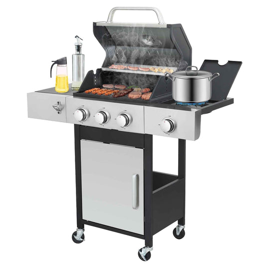 Nice Cooker 3-Burner Propane Gas Grill with Side Burner, 37000 BTU Outdoor BBQ Grill with Porcelain-Enameled Cast Iron Grates, Double Layer Lid, Built-in Thermometer Stainless Steel Grill for Outdoor