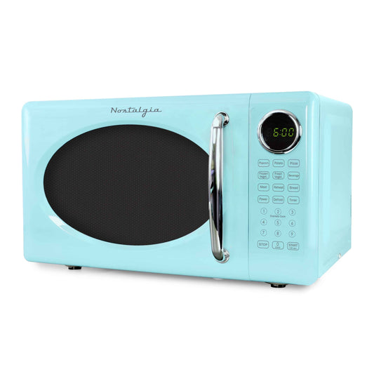 Nostalgia Retro Microwave Oven - 0.7 Cu Ft & 700-Watt Countertop Microwave with Glass Turntable, Child Safety Lock, 8 Auto-Cook Programs & Digital Clock - Aqua