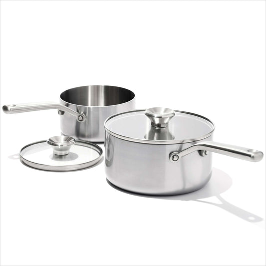OXO Mira 1.5Qt & 3Qt 3-ply stainless steel Saucepan Set with tempered glass lids - Home OXO