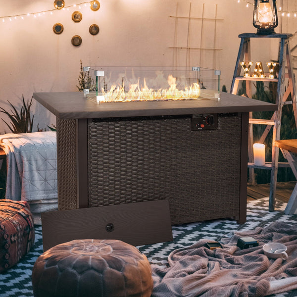 Phonjoroo Fire Pit Table 42 in Outdoor Propane Gas Fire Pit for Outside 50,000 BTU Auto-Ignition Gas Firepit Outdoor Rattan Table with Glass Wind Guard and Cover