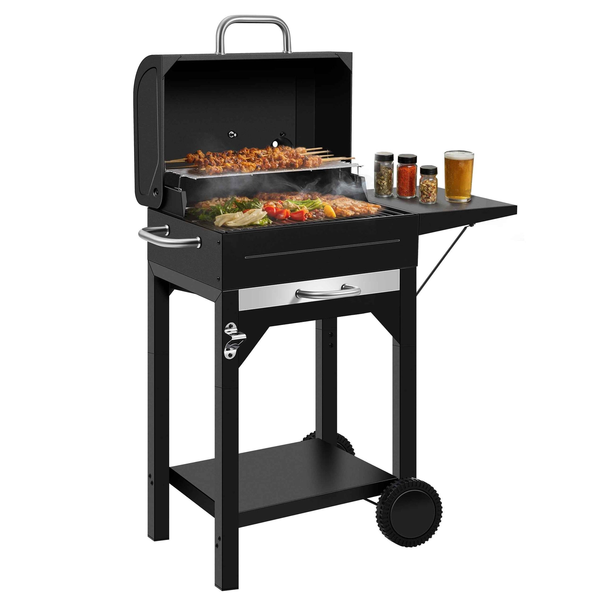 Portable Charcoal Smoker Grill Combo with Offset Firebox – Heavy Duty BBQ Grill with Warming Rack & Side Shelf for Outdoor Cooking, Camping & Tailgating