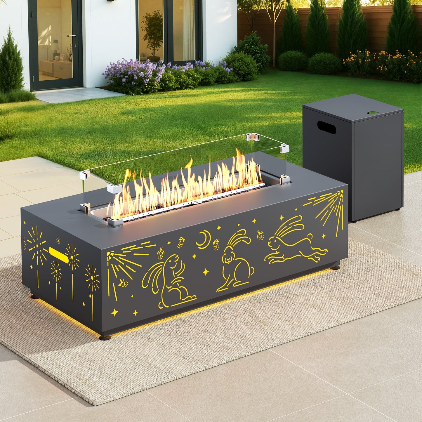 RADIATA 42" Rectangle Fire Pit Table, Dual-Fuel (Propane or Natural Gas), 50000 BTU,LED Rabbit Light, CSA Certified, Dark Gray - Home OXO