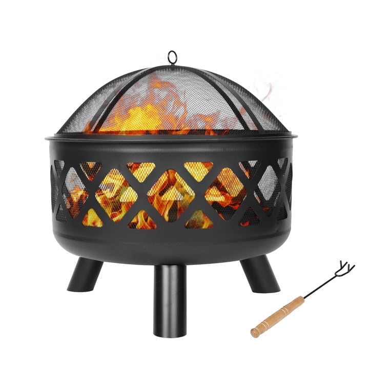 Red Mountain Valley Outdoor Wood Burning Fire Pit 24'' with Poker and Cover, 2-in-1 Functionality Cross-Woven Steel Fire Pits for Outside, Outdoor Fireplaces for Camping,BBQ, Patio,Backyard - Home OXO