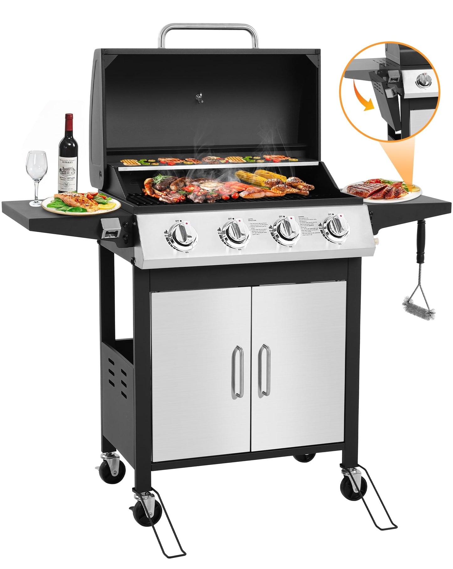 SEGMART 4 Burner BBQ Propane Gas Grill, Stainless Steel 40,000 BTU Patio Garden Barbecue Grill with Folding Side Tables, Cleaning Brush & Thermometer, Perfect for Camping, Outdoor Cooking - Home OXO