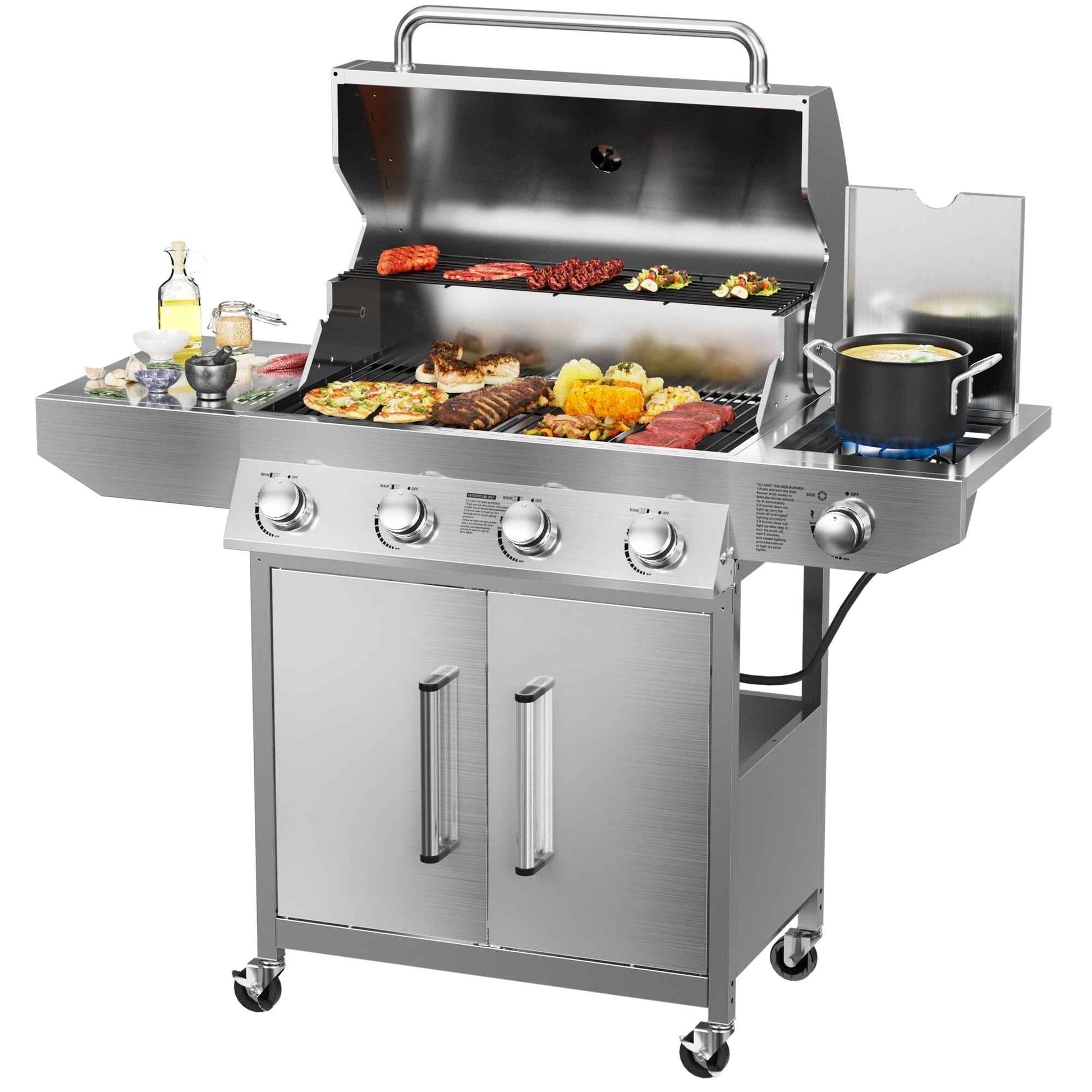 SKOK 4 Burner Propane Gas BBQ Grill with Side Burner, 58000 BTU Output for Outdoor Cooking Kitchen and Patio Backyard Barbecue
