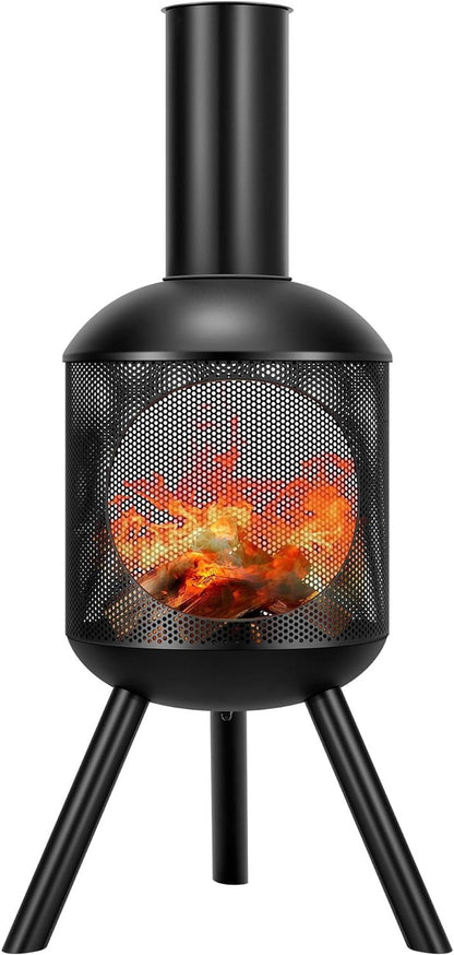SPECSTAR 46 Inch Chiminea Outdoor Fireplace, Cold-Rolled Steel Wood Burning Fire Pit with Mesh Design, Top Chimney Cover - Home OXO