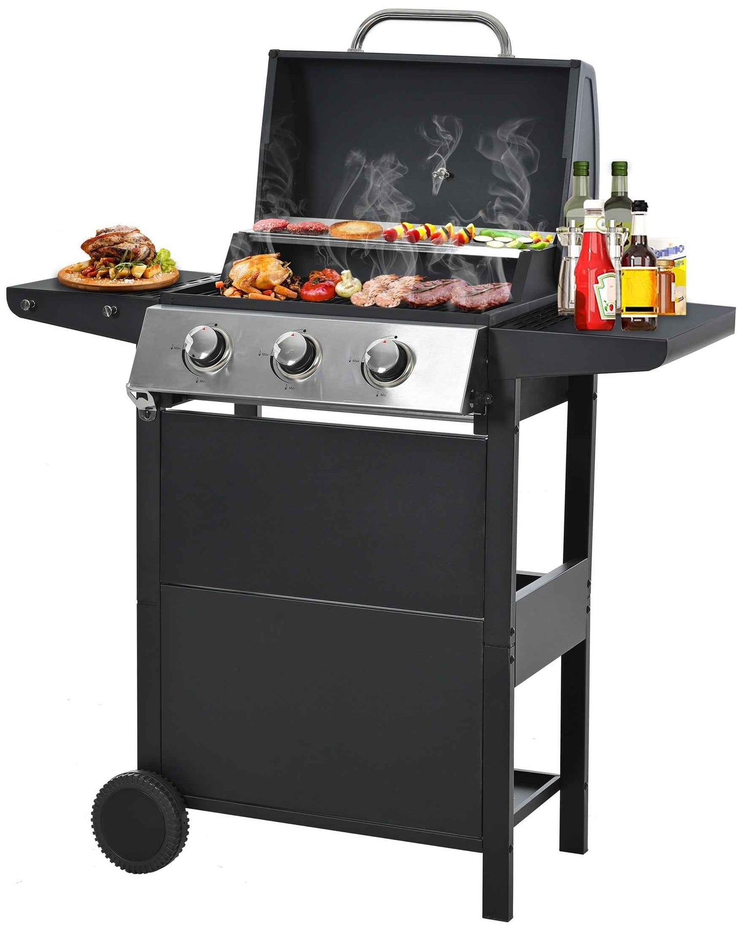Segmart 3 Burner BBQ Propane Gas Grill, Stainless Steel 25,650 BTU Patio Garden Barbecue Grill with Side Tables, Bottle Opener & Thermometer, Perfect for Camping, Outdoor Cooking