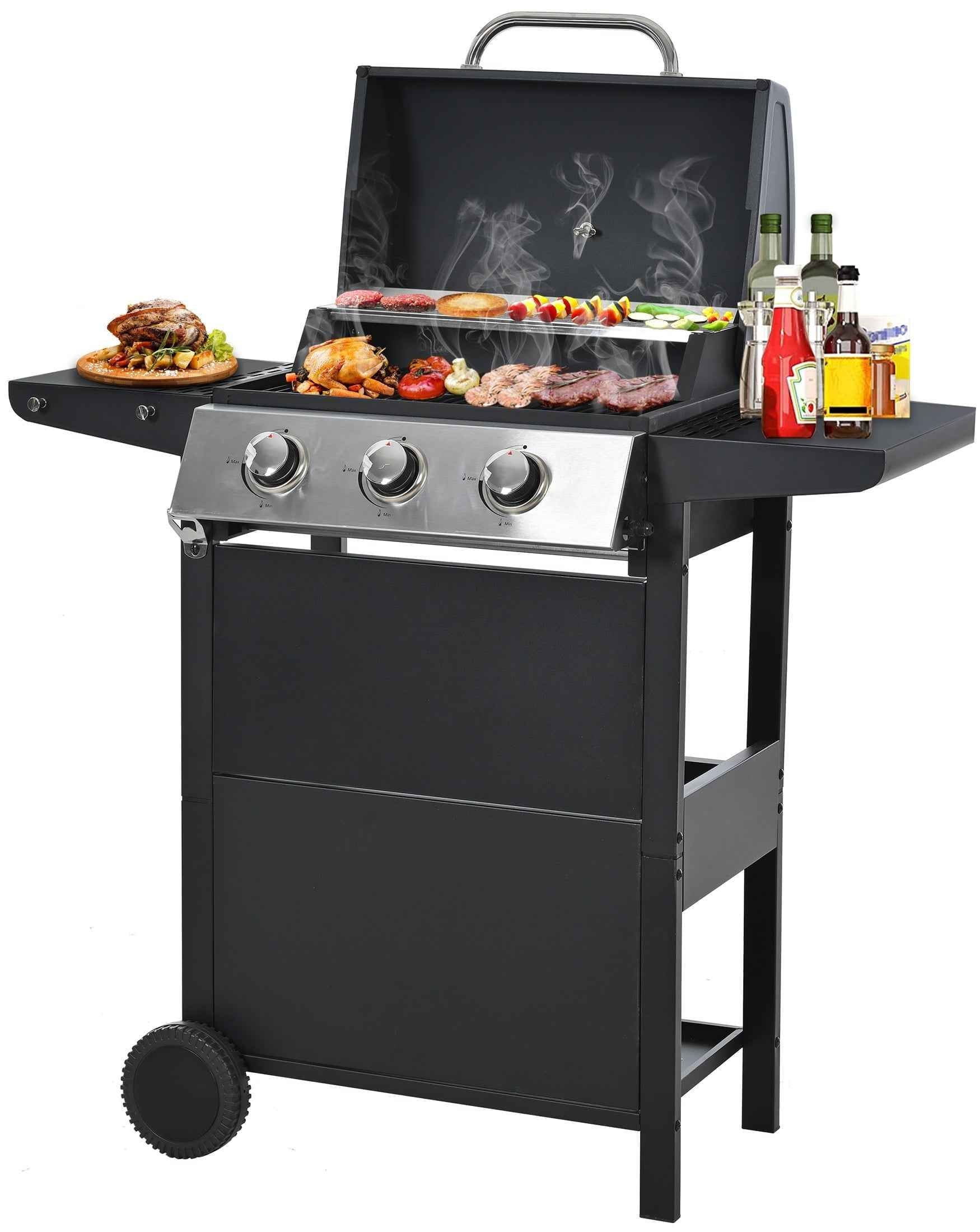 Segmart 3 Burner BBQ Propane Gas Grill, Stainless Steel 25,650 BTU Patio Garden Barbecue Grill with Side Tables, Bottle Opener & Thermometer, Perfect for Camping, Outdoor Cooking