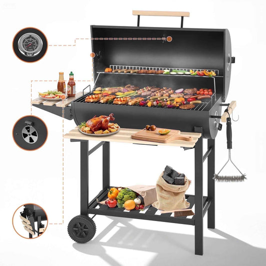 Charcoal Grill Outdoor Barrel Grill, 30 inch BBQ Grill with Warming Rack & Foldable Side Shelf, Offset Smoker Grill with Thermometer for Outdoor Cooking, Black