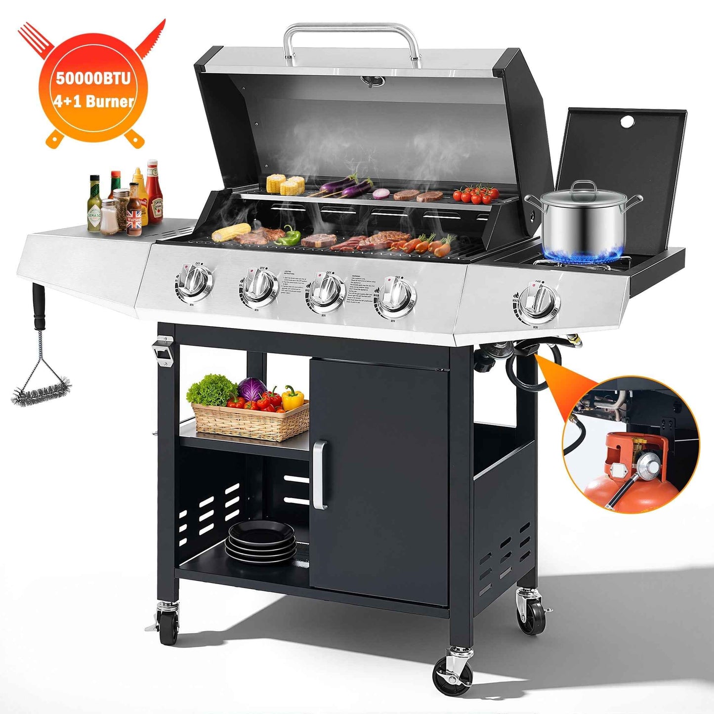 Segmart 4 Burner BBQ Propane Gas Grill with Side Burner, Stainless Steel 50,000 BTU Patio Barbecue Grill with Shelf, Gas Tank Hook, Towel Rack & Bottle Opener, Fits for Camping, Outdoor Cooking