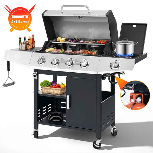 Segmart 4 Burner BBQ Propane Gas Grill with Side Burner, Stainless Steel 50,000 BTU Patio Barbecue Grill with Shelf, Gas Tank Hook, Towel Rack & Bottle Opener, Fits for Camping, Outdoor Cooking