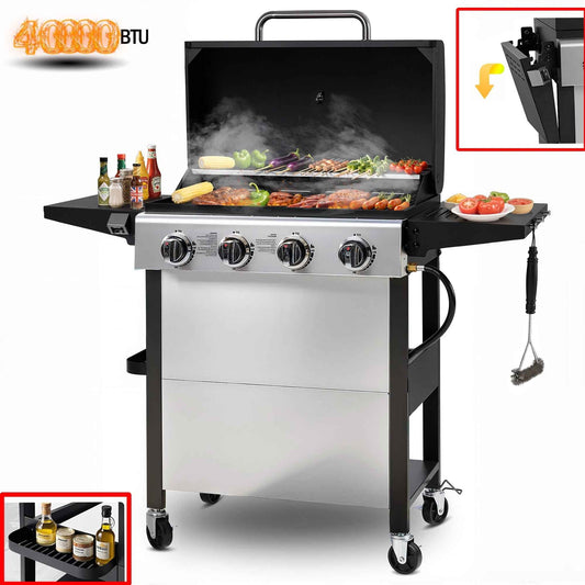 4000BTU Propane Gas Grill, Seizeen Stainless Steel 4-Burner BBQ Grill , Outdoor Patio Camping Portable Grill w/Foldable Side Table, Hanging Basket, Steel Brush, Universal Wheels