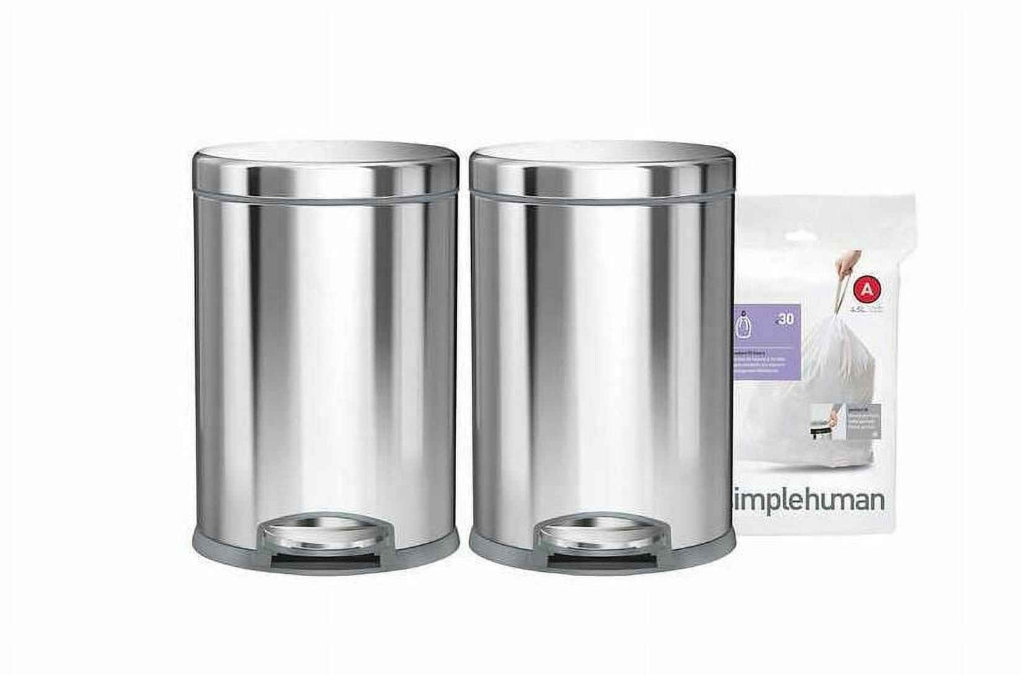 Simplehuman 4.5L Round Step Can, 2-pack & Code A Liners, 30-pack