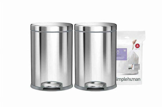 Simplehuman 4.5L Round Step Can, 2-pack & Code A Liners, 30-pack