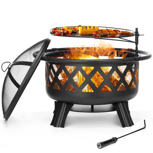 Singlyfire 30 inch Fire Pit for Outside 2 in 1 BBQ Wood Burning Fire Pit for Outdoor Camping Large Fire Pit Wood Bowl Firepit with Grate Spark Screen Log Grate - Home OXO