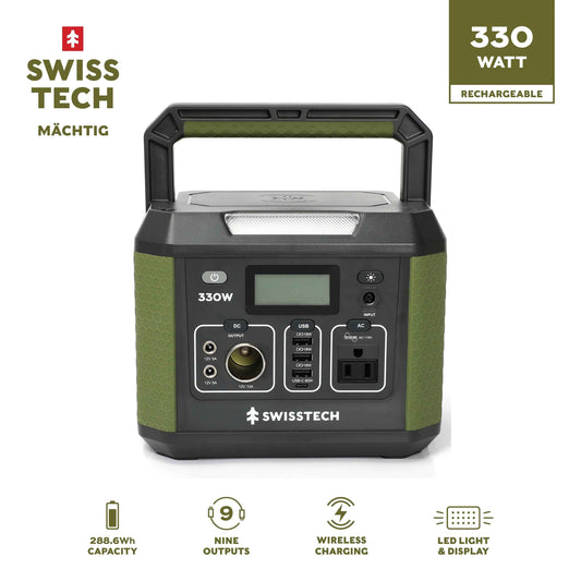 Swiss Tech 330W portable power station 288Wh solar generator for camping & emergency use