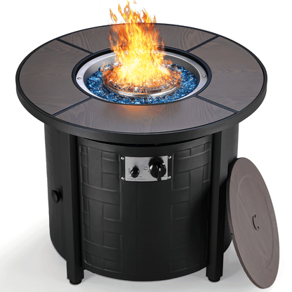 TLGREEN 30" Propane Fire Pit Table with Lid and Blue Stone, 50,000 BTU Auto-Ignition Circular Gas Fire Pit for Outdoor, with CSA Certified - Home OXO