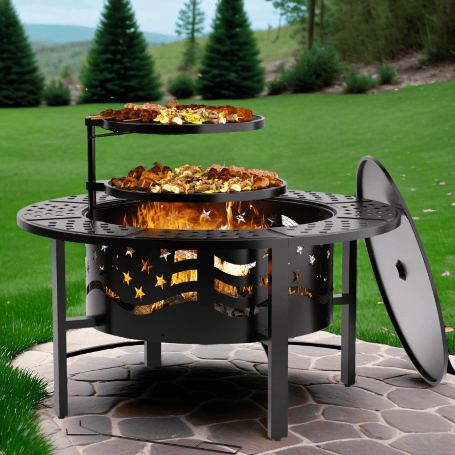 TrumanPick Fire Pit for Outside 42" Wood Burning Fire Pit Tables with 2 Adjustable Swivel BBQ Grills, Lid, Poker for Patio Backyard BBQ Ice Storage - Home OXO