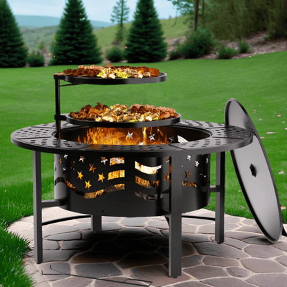 TrumanPick Fire Pit for Outside 42" Wood Burning Fire Pit Tables with 2 Adjustable Swivel BBQ Grills, Lid, Poker for Patio Backyard BBQ Ice Storage - Home OXO
