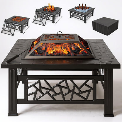 UHOMEPRO Fire Pit for Outside, 32" Square Fire Pit Table with BBQ Net, Mesh Lid, Poker and Cover, Wood Burning Outdoor Heating Fire Pit Stove for Patio, Backyard, Camping, Black - Home OXO