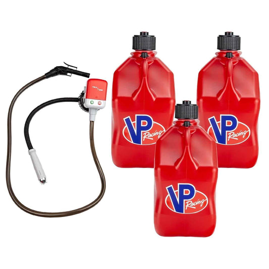 VP Racing 3512-CA, 5.5-Gallon Square Motorsport Jug Red (3 Pack), w/Utility Jug Battery Powered Fuel Transfer Pump (1 Pack)