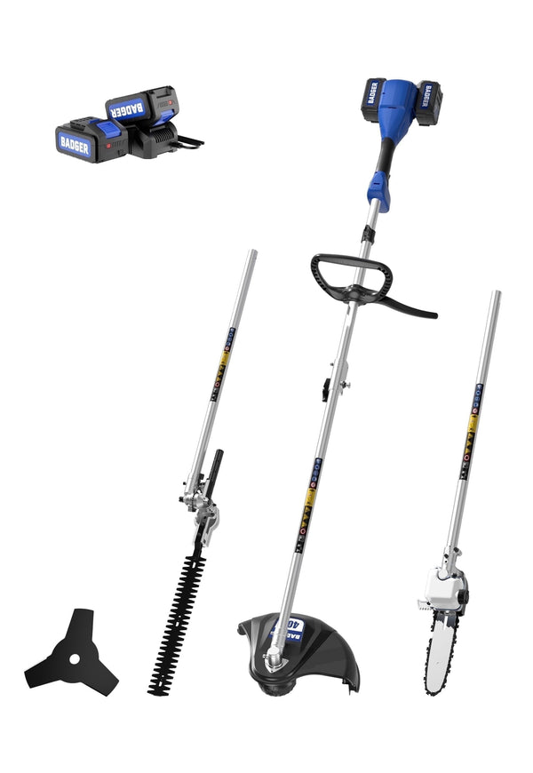 WILD BADGER 40V 4-in-1 Multi-Tool Kit: Weed Wacker, Pole Saw, Hedge Trimmer, Brush Cutter 2*20V 4Ah Batteries & Charger