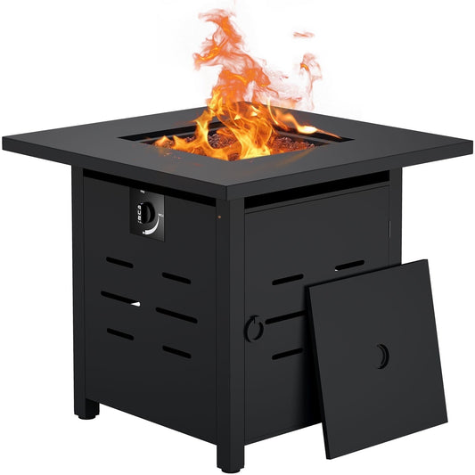 Walsunny 28 Inch Propane Gas Fire Pit Table 40000 BTU with Lid Square Firepit Table Lava Rock Fire Table with Waterproof Cover - Home OXO