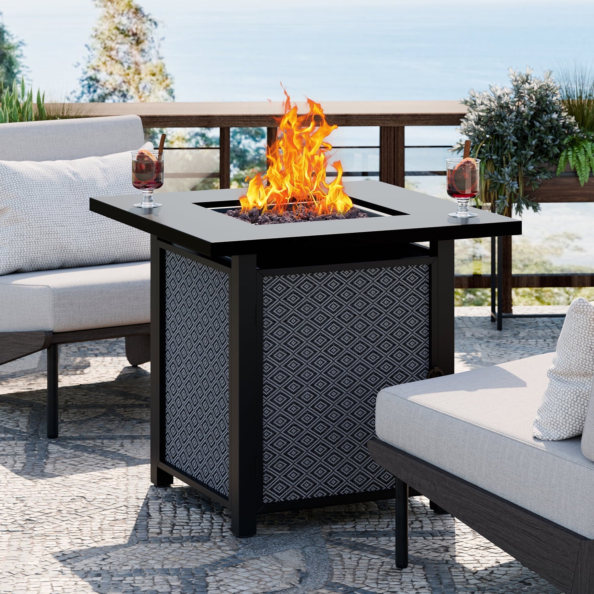 Walsunny 28" Propane Fire Pit Table Outdoor Gas Fire Pit with Lava Rocks 50,000 BTU Square Fire Table with Lid,Waterproof Cover - Home OXO