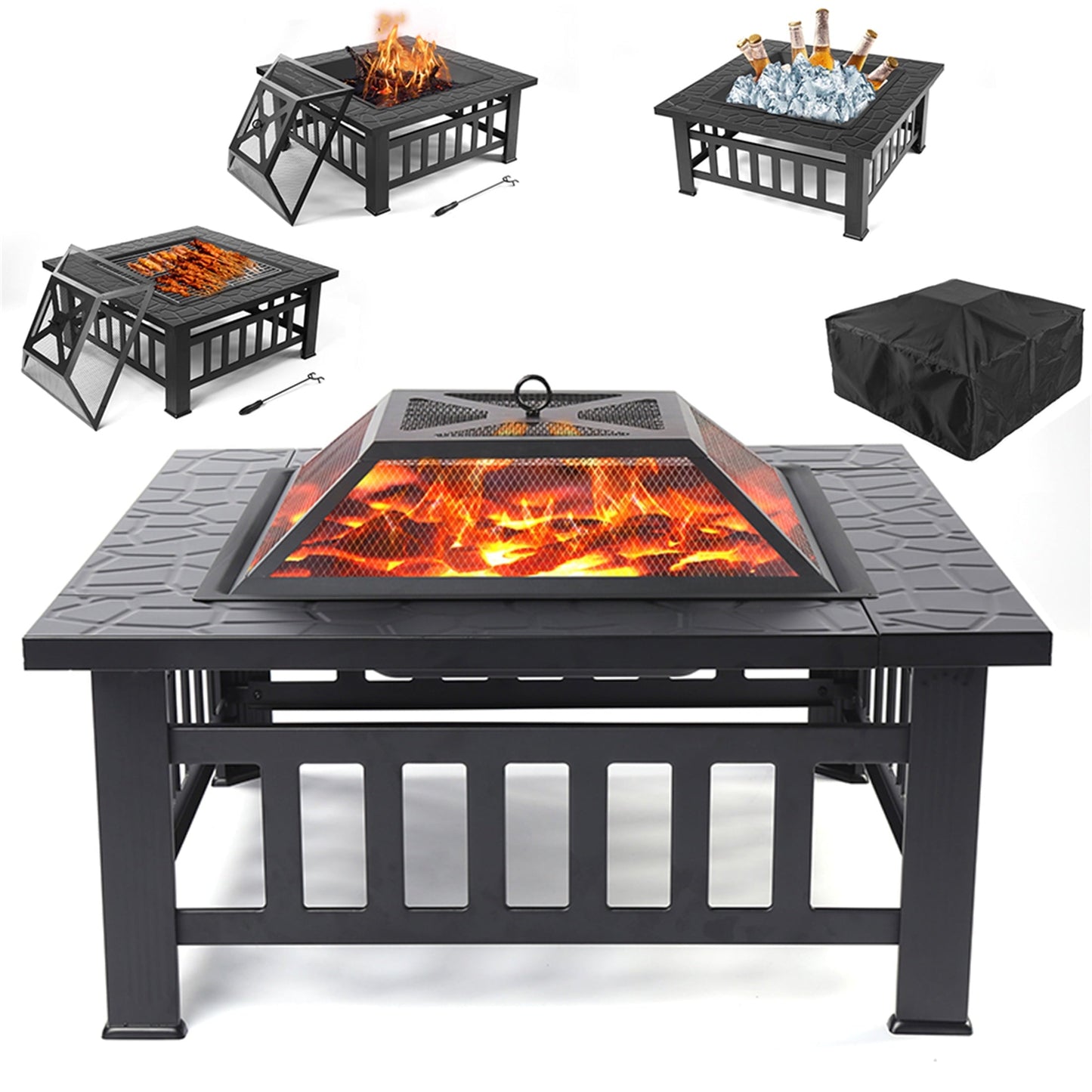 Fire Pits for Outside, UHOMEPRO 32" Square Iron Fire Pit Backyard Patio Garden Stove Wood Burning Fire Pit w/ BBQ Net, Waterprrof Cover, Mesh Screen Lid, Wood Grate, Poker, Durable Fire Pit - Home OXO