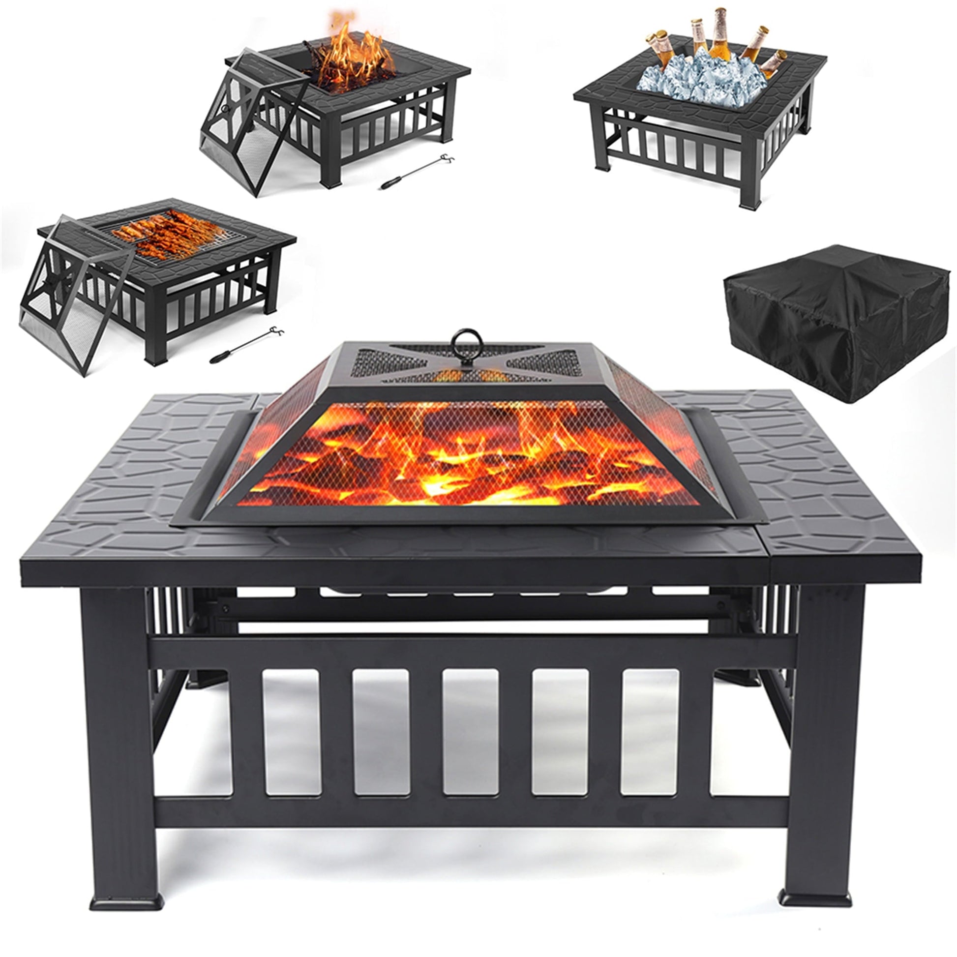 Fire Pits for Outside, UHOMEPRO 32" Square Iron Fire Pit Backyard Patio Garden Stove Wood Burning Fire Pit w/ BBQ Net, Waterprrof Cover, Mesh Screen Lid, Wood Grate, Poker, Durable Fire Pit - Home OXO
