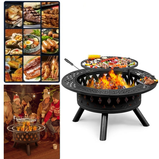 YDLW 38 inch Fire Pit for Outside 2 in 1 BBQ Wood Burning Fire Pit for Outdoor Camping Large Fire Pit Wood Bowl Firepit with Grate Spark Screen Log Grate - Home OXO
