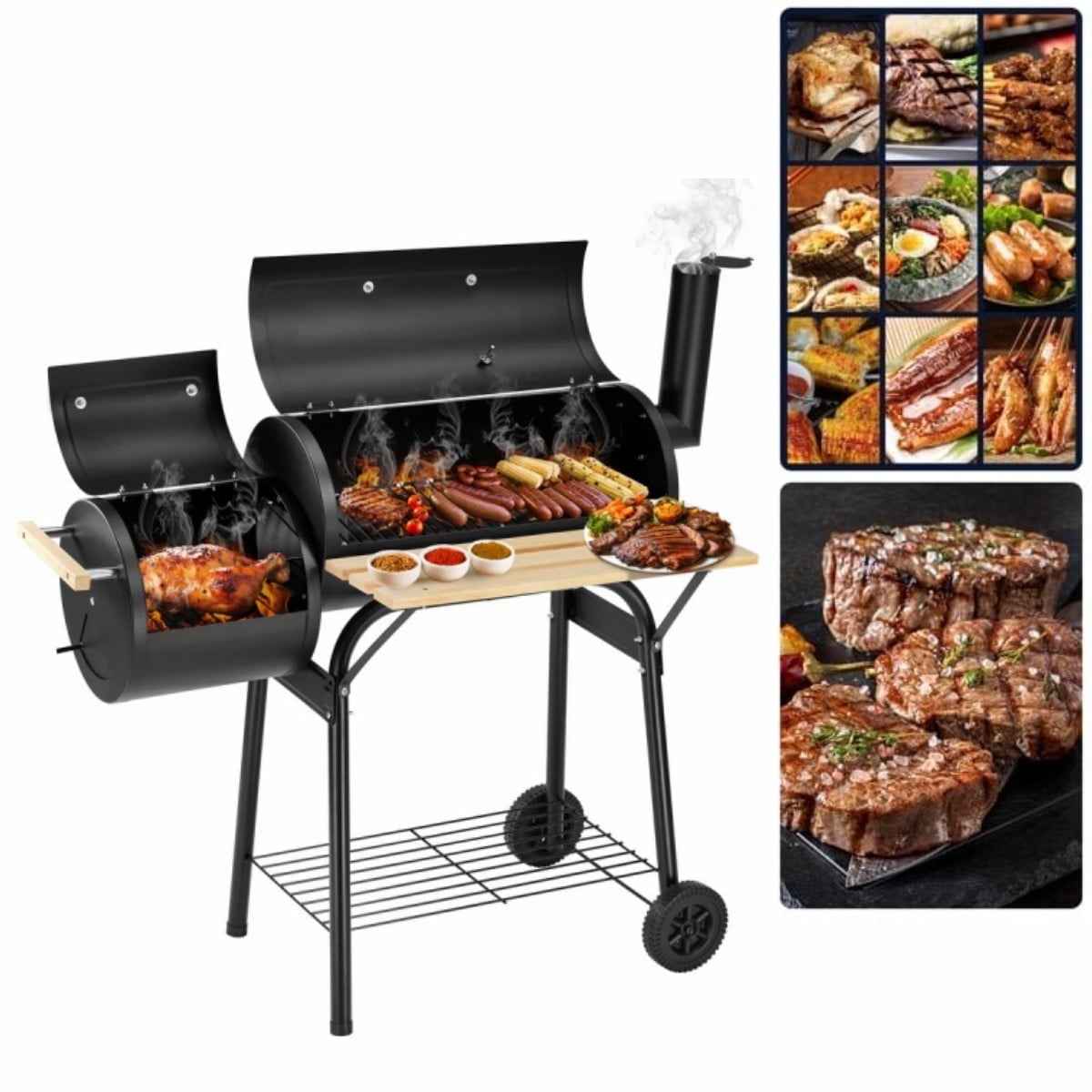 YDLW Charcoal Offset Smoker Grill - Family-Size 4-6 Person BBQ with Temperature Control & Portable Wheels