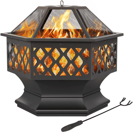 Yaheetech 24'' Outdoor Fire Pit with Mesh Poker Sides Cover, Black - Home OXO