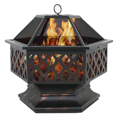 ZENSTYLE Outdoor Patio Steel Fire Pit - 24" Hex Shaped Backyard Fireplace Wood Burning Firepit Bowl - Home OXO
