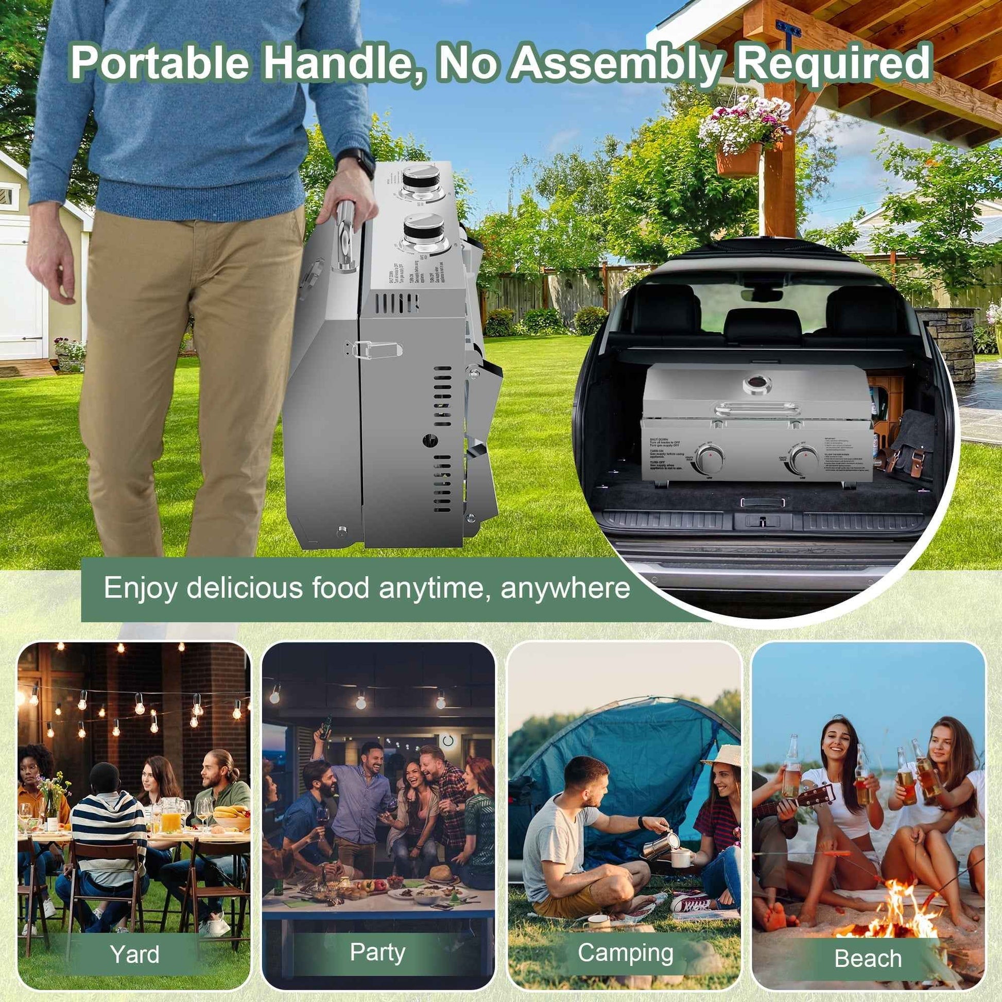 Firstness Propane Gas Grills, 30,000BTU Portable Gas Grill for Outdoor Camping BBQ Picnics Tailgating, 2 Burners, Stainless Steel Sliver